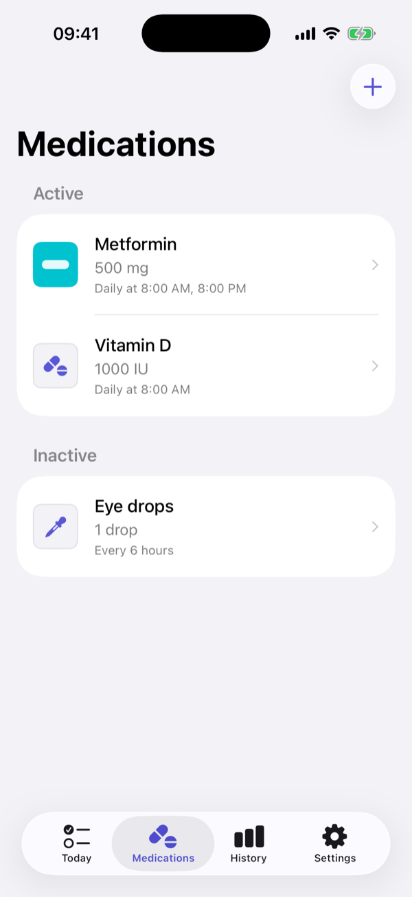 Medications list with active and inactive medications and their schedules.