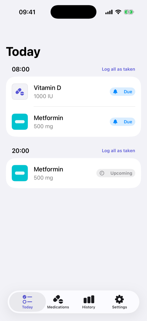 Today view showing the day's doses with Due and Upcoming reminders.